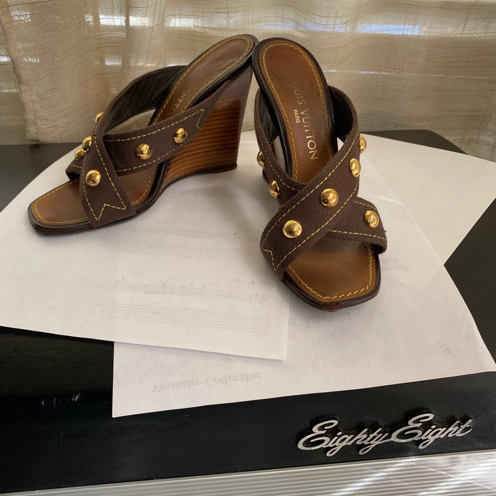 Louis Vuitton Brown Wedge Sandals LV Gold Accents wedges heels sandals slip ons